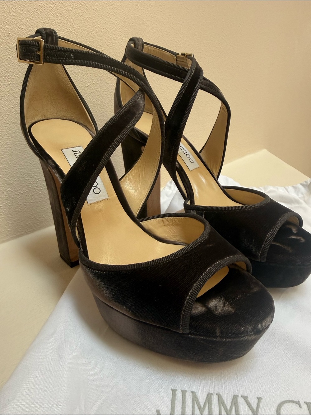 Jimmy Choo Black Velvet Platform Sandals with Crisscross Straps